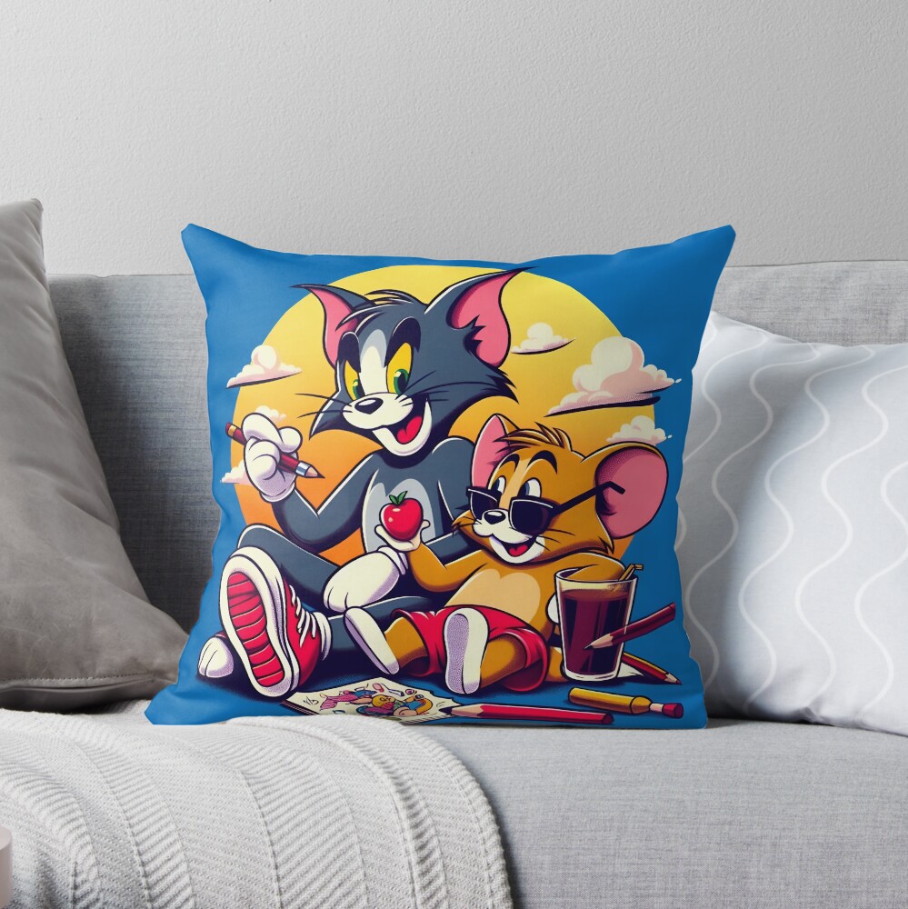 Cartoon Buddies Nostalgic Drawing Time Throw Pillow
